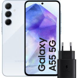 Samsung Galaxy A55 128 Go Bleu Clair 5G + Samsung Chargeur Rapide 25 Watts Noir