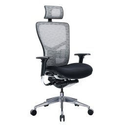 Работен стол RFG TECH@PRO, до 250кг, дамаска/меш, алуминиева база, Multi-function механизъм, коригиране на височината и дълбочината, лумбална опора, заключване на облегалката, черно-сив