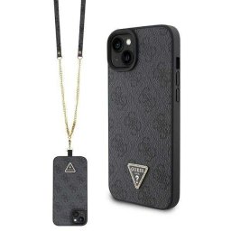 Гръб Guess PU 4G Strass Triangle Metal Logo Case + Crossbody Strap за iPhone 15 - Сив
