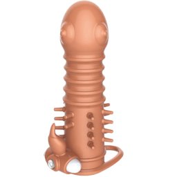 Вибро пенис удебелител с пристегач и клиторен стимулатор "DENON SKIN" 13 см.