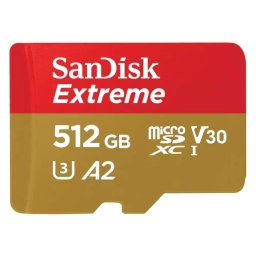 Мемори карта SanDisk Extreme microSDXC 512GB + SD Adapter + 1 year RescuePRO Deluxe up to 190MB/s 130MB/s Read/Write speeds A2 C10 V30 UHS-I U3