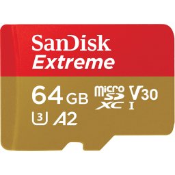 Мемори карта SanDisk Extreme microSDXC 64GB + SD Adapter + 1 year RescuePRO Deluxe up to 170MB/s 80MB/s Read/Write speeds A2 C10 V30 UHS-I U3,