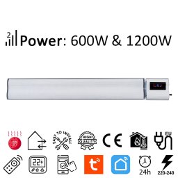 Инфрачервен панел електрически нагревател 1200W/600W ElectricSun Бял с термостат със Smart Life приложение Wi-Fi, 94x15см