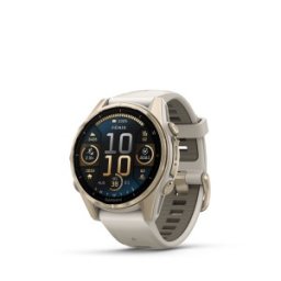 Garmin Fenix 8 - 43 мм, AMOLED, Sapphire - Soft Gold с Fog Gray/Dark Sandstone силиконова каишка