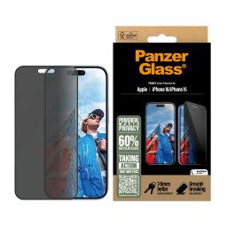 Стъклен протектор PanzerGlass за iPhone 16, 15, Privacy, Ultra-Wide Fit