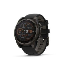 GARMIN FĒNIX® 8 - 47 мм, SOLAR Sapphire - Carbon Gray DLC Titanium с Black/Pebble Gray силиконова каишка
