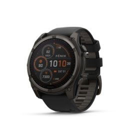 GARMIN FĒNIX® 8 - 51 мм, SOLAR Sapphire - Carbon Gray DLC Titanium с Black/Pebble Gray силиконова каишка