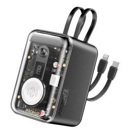Външна батерия ProMate, Mavrix-20.Black 20000mAh Transparent Power bank w/ built-in USB-C and Lightning Cable, 18W USB-A, 65WPD USB-C Input/Output , 3W Apple Watch Charger, LED Display 21700 EV battery, 5000/4 - Черна