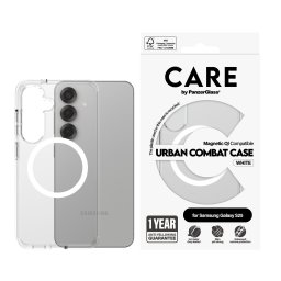 Гръб Care by PanzerGlass за Samsung Galaxy S25, Flagship Case, Прозрачен, Urban Combat, QI Compatible, Бял