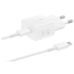 Оригинално Зярядно 220V, Samsung, USB-C 25W,, Travel Charger с Type C Data кабел, Бяло, EP-T2510XBE
