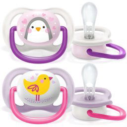Залъгалка Philips Avent ultra air 0-6 м., за момиче, животни, 2 броя SCF080/06