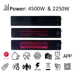 4500W/2250 ватове ElectricSun черен, инфрачервен нагревател за вътрешен двор, вътрешна/външна употреба, с термостат и приложение, 100x18cm