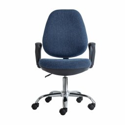Работен стол RFG Presto Chrome, до 120кг, дамаска, хромирана база, коригиране на височината, заключване в позиция, черно-син