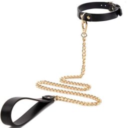 Кожен колар с метална верижка в златист цвят "SAND LEASH" 80 см