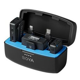 Безжична микрофонна система BOYA BOYAMIC, 2x предавателя и 1x приемник, кутия за зареждане, обхват до 300m, до 6 часа време на работа, черни