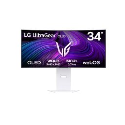 Монитор LG 34GX90SA-W, 34", OLED UltraGear 21:9 Curved Smart, IPS 0.03 ms, WQHD (3440x1440), 240Hz, HDR 10, 1500000:1, 250 cd/m2, DCI-P3 98.5%, USB 3.0, VRR, Free-sync, G-Sync, USB-C, PD 65W, HDMI, DP, PBP, Speakers, LG Switch, Height, Swivel, Tilt, White