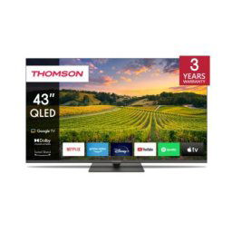 Телевизор Thomson Smart QLED TV 43"; Google TV; 3840 x 2160 (4K UHD), 4000:1, QLED, 60 Hz, DVB-T/T2/C/S/S2, HDR10, Hotel mode, Wi-Fi, Bluetooth, LAN, HDMI 2 (2.0) + 2 (2.1), USB 2 (2.0) + 1 (3.0), Central Swivel Stand, Dark gray