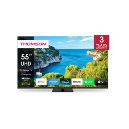 Телевизор Thomson Smart UHD TV 55"; Google TV; 3840 x 2160 (4K UHD), 4000:1, DLED, 60 Hz, DVB-T/T2/C/S/S2, HDR10, Wi-Fi, Bluetooth, LAN, HDMI 2 (2.0) + 2 (2.1), USB 2 (2.0) + 1 (3.0),Central Swivel Stand, Black