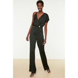 Trendyol Black Stone Accessory Satin Jumpsuit