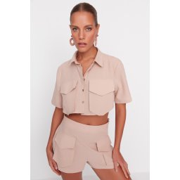 Trendyol Beige Woven 100% Cotton Shirt and Shorts Set With Pocket