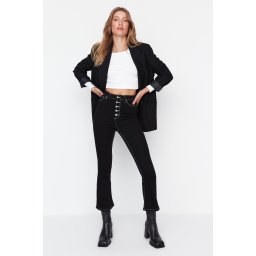 Trendyol черен висока талия Crop Flare дънки с копчета в предната част