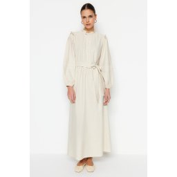 Trendyol Cream Belted Guipure and Ruffle Detailed Linen Blended Woven Dress