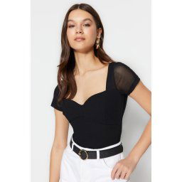 Trendyol Black Fitted/Body Sitting Tulle Detail Crepe Stretch Knit Bodysuit
