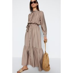 Trendyol Mink Belted Shoulder Detailed Flounce Skirt Buttoned Woven Shirt Dress