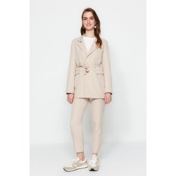 Trendyol Stone Tie Detail Lined Crepe Jacket-Trousers Woven Two Piece Set