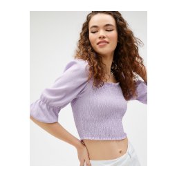 Koton Crop T-Shirt Gimped Balloon Sleeve Square Neck