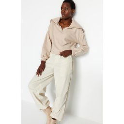 Trendyol Beige Thessaloniki/Knitwear Look Polo Neck Zippered Regular/Regular Fit Knitted Sweatshirt