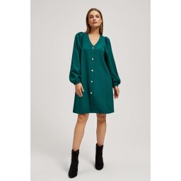 Marisse Emerald Dress With Puffed Sleeves And Decorative Buttons