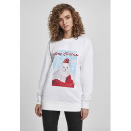 Ladies Merry Christmas Cat Crewneck White