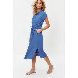 Trendyol Dark Blue Gathered Waist Pocket Detailed Aerobin Midi Woven Dress