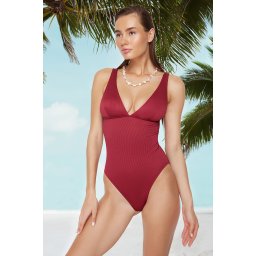 Trendyol Claret Red V-Neck Textured Regular Swimsuit