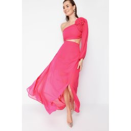 Trendyol Fuchsia A-Line Lined Window/Cut Out Detailed Chiffon Gradient Chic Evening Dress