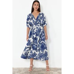 Trendyol Blue Floral A-Line Double-Breasted Midi Woven Dress