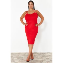 Trendyol Curve Red Sweetheart Collar Strap Summer Knitted Dress