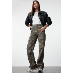 Trendyol Multicolored Leopard Print Brown High Waist Wide Leg Jeans