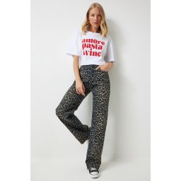 Happiness İstanbul Women's Black Brown Leopard Patterned Straight Jeans