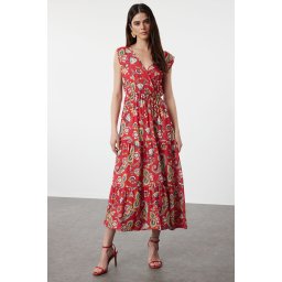 Trendyol Red Ethnic A-Line Double Breasted Neck Viscose Woven Dress