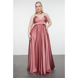 Trendyol Curve Salmon Strappy Double Breasted A-Line Long Woven Evening Dress/Night/Graduation/Engagement Dress