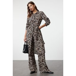 Trendyol Brown Leopard Patterned Belted Viscose Regular Woven Bottom-Top Set