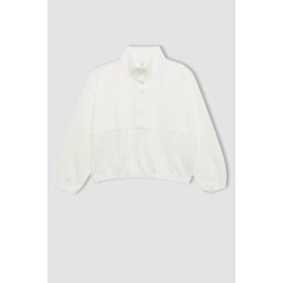 DEFACTO Girl Oversize Wide Pattern Polo Collar Buttoned Sweatshirt