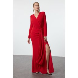 Trendyol Red Double Breasted Crepe Woven Long Elegant Evening Dress