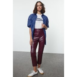 Trendyol Claret Red Faux Leather Cigarette Zippered Woven Trousers