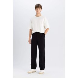 DEFACTO Men's Black Wide Straight Wide Leg Pocketed Gabardine Trousers