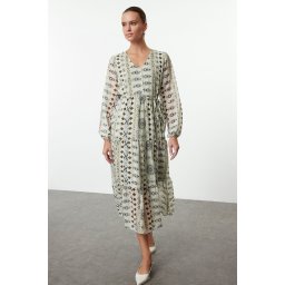 Trendyol Green Belted Ethnic A-Line Maxi Woven Winter Dress