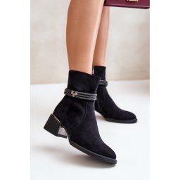 Insulated women's ankle boots on a low heel with decorative straps D&A black