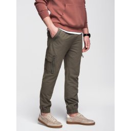 Ombre Men's jogger pants with cargo pockets and print - dark olive green
